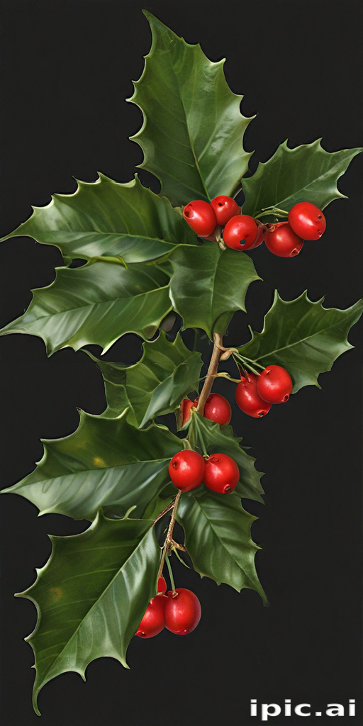 Vibrant Holly Sprig with Glossy Green Leaves and Bright Red Berries