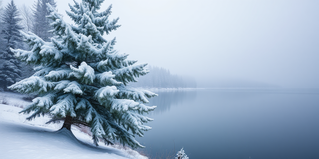 A serene winter landscape featuring a snow-covered pine tree beside a reflective body of water, captured with a Canon EOS R5 at f/2.8, ISO 100, 1/500 sec, using a wide-angle lens for a vibrant and crisp view.
