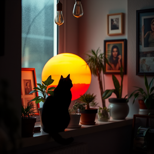 create an artistic indoor scene featuring a silhouette of a black cat sitting on a ledge, looking at a large sunset orb while surrounded by various potted plants and framed pictures, with a vintage light bulb hanging above, captured using a DSLR camera, aperture f/2.8, ISO 200, 35mm focal length, and soft natural lighting to enhance colors and details.