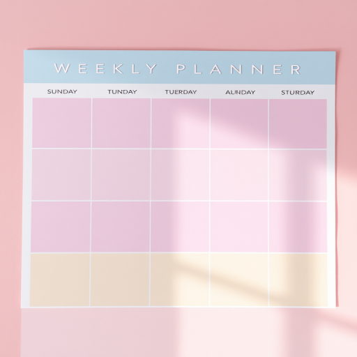 create a colorful weekly planner template with the days of the week clearly labeled, a clean and minimalist design, soft pastel colors for each day, and a light blue header; shot with a DSLR camera at f/4.0 aperture, 24mm lens, natural light with high saturation and contrast for vibrant colors