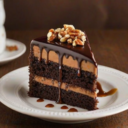 Generate an image of a slice of rich chocolate cake layered with creamy filling, topped with a glossy caramel drizzle and sprinkled with chopped nuts. The cake should be served on a plate, with a whole cake in the background, showcasing its layers and textures. The setting should be warm and inviting, emphasizing the deliciousness of the dessert.