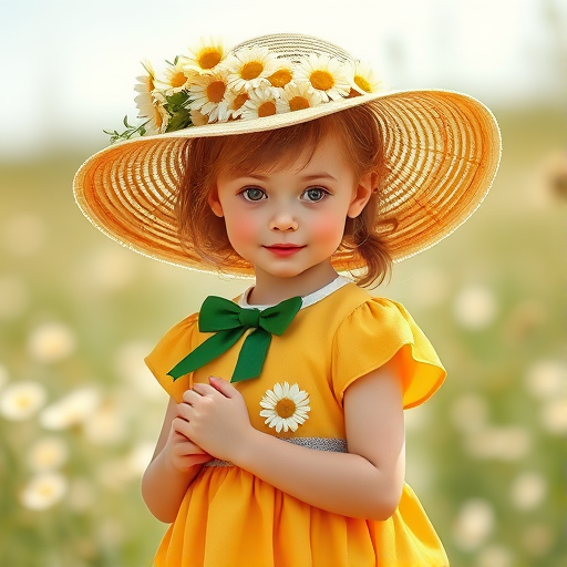 Generate a vintage illustration of a girl in a yellow dress with a green bow and daisies, holding a wide-brimmed hat adorned with flowers, captured with a Canon EOS 5D Mark IV, 85mm lens, f/1.8 aperture, ISO 200, in natural light for a soft focus effect.