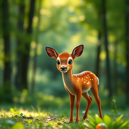 Create a highly detailed image of a cute, cartoonish young deer standing in a lush, green forest with soft, dappled sunlight filtering through the trees, using a DSLR camera with a 50mm lens, f/1.8 aperture, ISO 200, and a shallow depth of field to enhance the background blur.