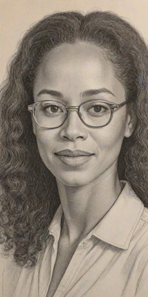 Pleasing Rae Dawn Chong, pencil sketch, portrait of Attractive woman 1943s in glasses, hair style beatnik, outline, clear lines, fine lines, 8k