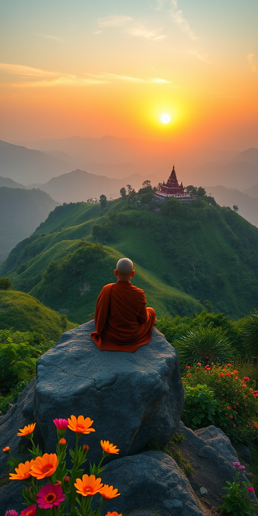 A serene landscape featuring a monk meditating on a rock, overlooking lush green hills and colorful flowers, with a distant temple under a glowing sunrise, captured with a Canon EOS R5, 35mm lens, f/8 aperture, ISO 100, in a vibrant, cinematic style.
