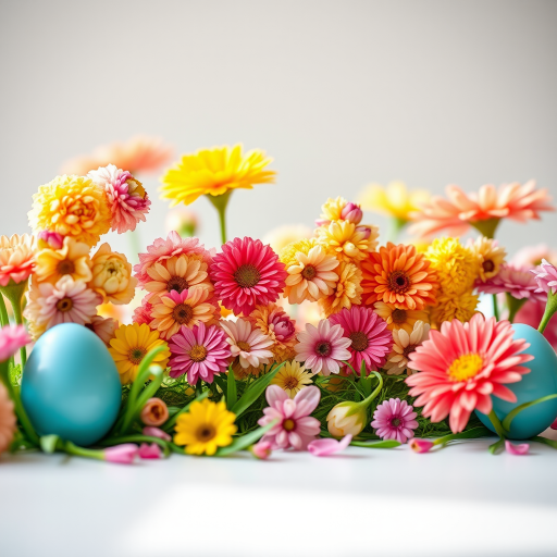 Create a vibrant and colorful Easter-themed text made of flowers, using a 50mm lens, f/1.8 aperture, ISO 100, soft natural light, and a tilted perspective to enhance depth and clarity.