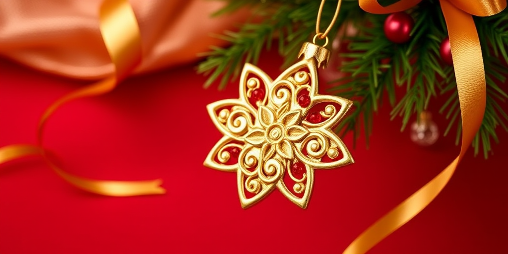 Generate an image featuring a decorative gold star ornament with intricate swirls and red beads, set against a rich red background with shimmering fabric and golden ribbon accents. The focus should be on the ornament's details and its festive appeal.