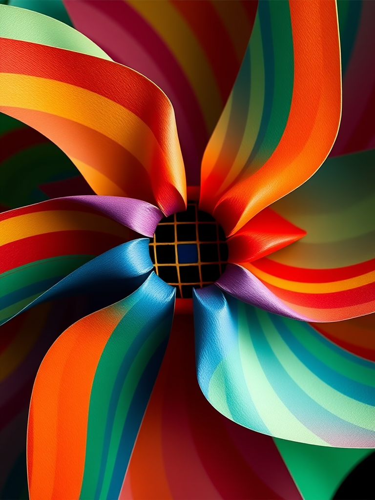 Create an abstract image of a colorful pinwheel design with vibrant stripes and a grid pattern at the center, captured with a Canon EOS R5, 50mm lens, f/2.8 aperture, ISO 100, and a high dynamic range photographic style.