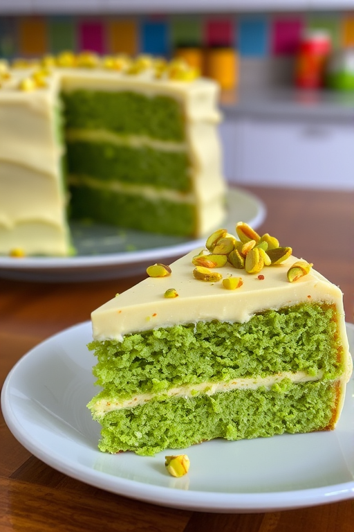 A slice of green cake with a creamy frosting, garnished with crushed pistachios on a white plate, with a blurred background of a whole cake and a colorful kitchen setting.