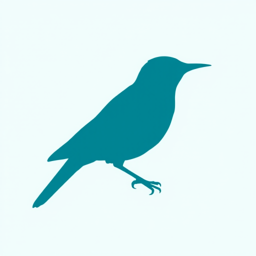 Create a detailed illustration of a stylized bird silhouette in vibrant teal against a clean, minimal background, using a DSLR camera at f/2.8 aperture, ISO 100, 50mm lens, with a side lighting setup to enhance the shape and texture of the bird.