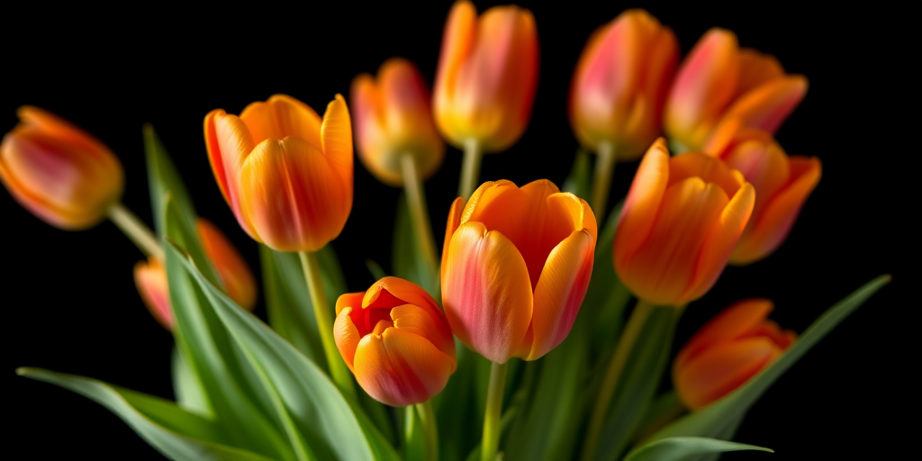 A bouquet of vibrant orange tulips with soft yellow highlights against a black background, shot with a Canon EOS R5 at f/2.8, ISO 100, 1/250s, using a macro lens to emphasize detail and texture in a shallow depth of field.
