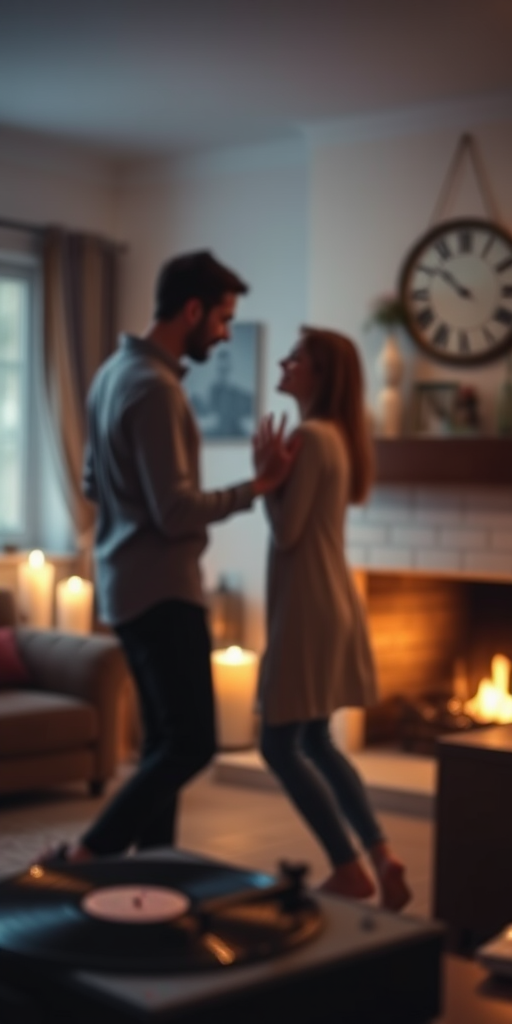Blurry candid shot of a young couple dancing in a dimly lit living room, soft light from candles and a fireplace illuminating the scene, with an old record player softly blurred in the background.