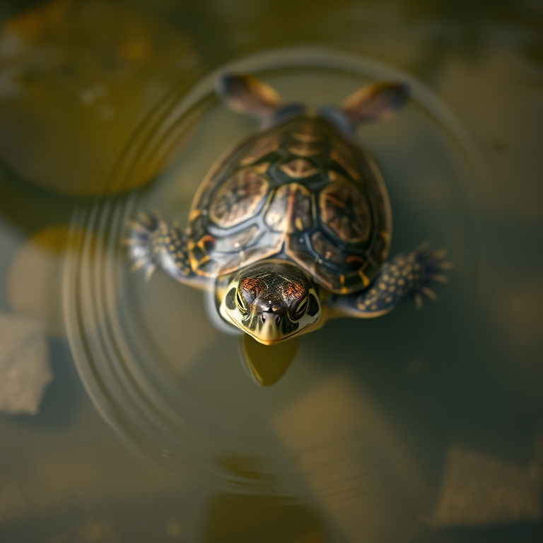 water turtle swimming in a calm pond, shallow depth of field, natural lighting, macro lens, f/2.8, ISO 100, shutter speed 1/200s, DSLR camera, top-down view to capture details in the water