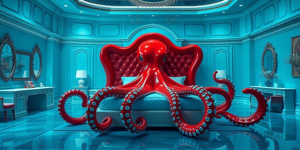 The image is a photograph of an extraordinary, opulent bedroom with a surreal, fantastical underwater blue design. The centerpiece of the room is a bed shaped like a giant octopus, with a head that serves as the headboard and eight large, stylized tentacle-like legs supporting the bed. The bed's headboard and legs are a glossy, shiny red, while the tentacles are a deep, rich red with white suckers. The bed frame and mattress are part of the octopus body.