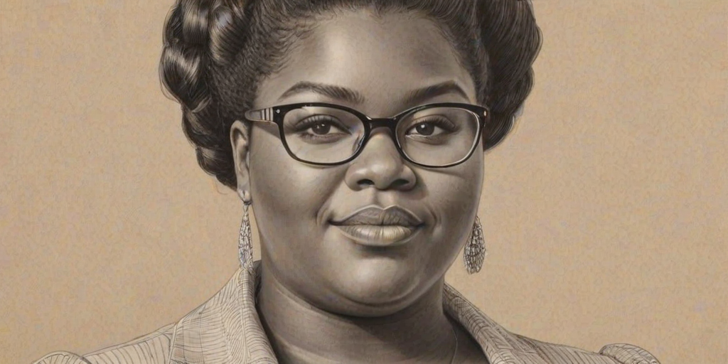Delightful Gabourey Sidibe, pencil sketch, portrait of Gorgeous woman 1943s in glasses, hair style beatnik, outline, clear lines, fine lines, 8k