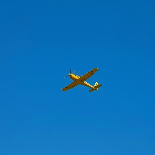 Regenerate an image of a small yellow aircraft flying against a clear blue sky, using a DSLR camera with a 50mm lens, aperture set to f/8, shutter speed of 1/1000s, and ISO 100, captured from a low angle to emphasize the airplane's presence in the frame.