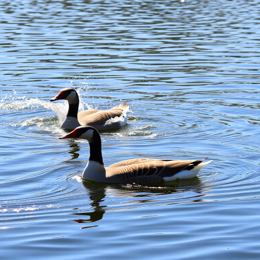 A pair of geese swimming in a shimmering pond, one splashing water while the other glides, with sunlight reflecting off the water, captured with a DSLR camera using a 50mm lens at f/2.8, ISO 200, 1/400s, panoramic view in natural light for enhanced detail and clarity.