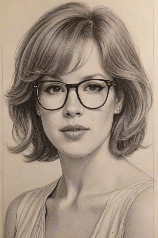 Gorgeous Molly Ringwald, pencil sketch, portrait of Graceful woman 1973s in glasses, hair style beatnik, outline, clear lines, fine lines, 8k