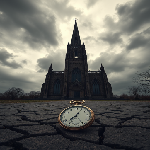 A dramatic gothic landscape featuring a towering cathedral shrouded in ominous clouds above a cracked earth foreground with a vintage pocket watch, captured with a Canon EOS R5 using a 24-70mm f/2.8 lens at ISO 100, aperture f/8, and a shutter speed of 1/200 sec, in a wide-angle view for enhanced depth and detail.