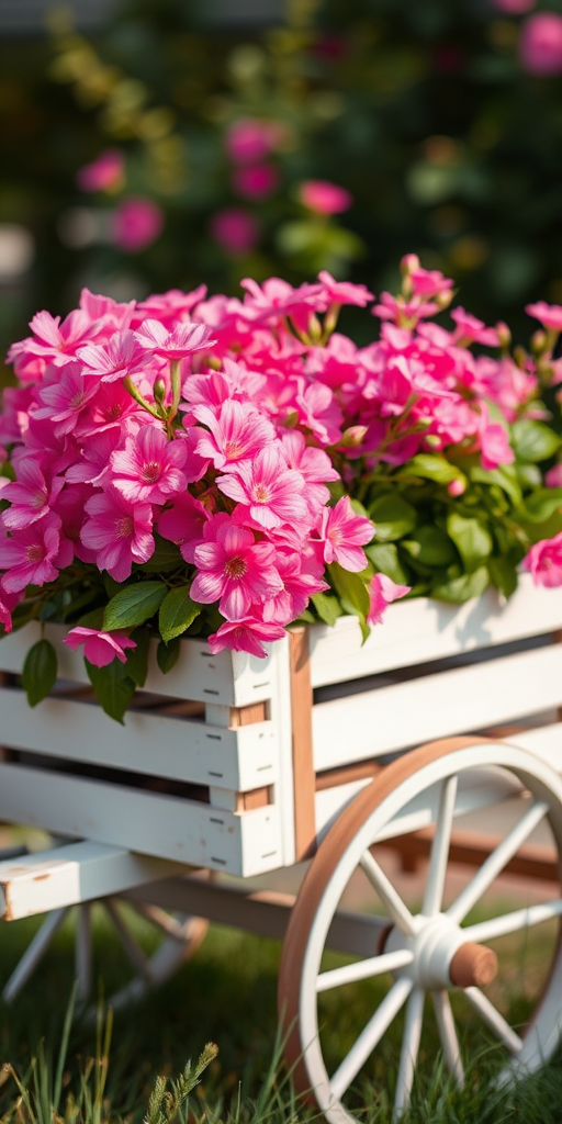 Create a high-resolution image of a white wooden cart filled with vibrant pink flowers using a DSLR camera, 50mm lens, f/2.8 aperture, ISO 100, natural light, shallow depth of field, and a slightly elevated angle for enhanced detail and focus on the flowers.