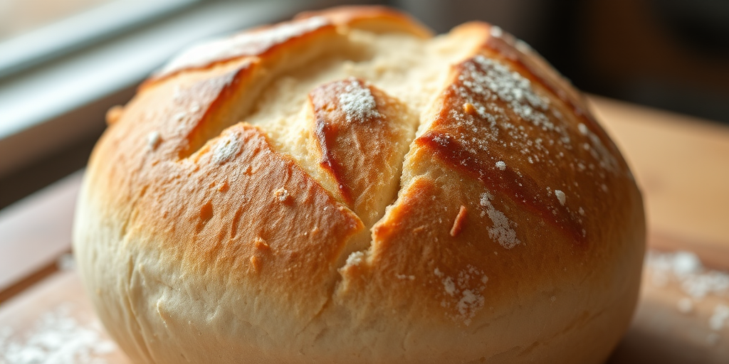high-resolution close-up of a freshly baked round bread loaf with a golden crust and flour dusting, captured with a Canon EOS R5 at f/2.8, ISO 100, 50mm lens, natural lighting, soft focus background.