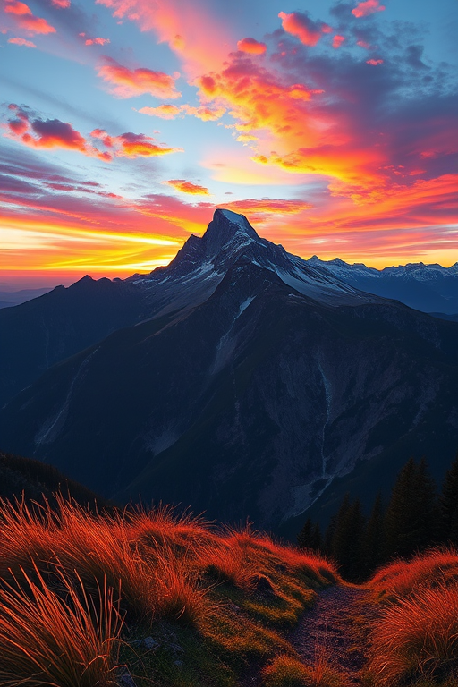 Create a vibrant and detailed illustration of a serene mountain landscape at sunrise with colorful skies, using a DSLR camera with a 24mm lens, aperture set to f/11, ISO 100, shot from a low angle to capture foreground details and enhance depth, employing a wide-angle perspective for a dramatic effect.