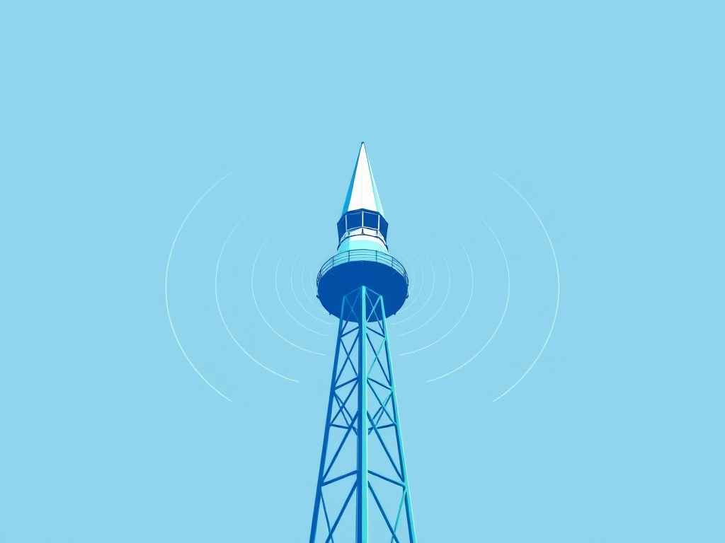 create a digital illustration of a blue signal tower emitting circular waves with a sharp triangular peak, using a 50mm lens, f/8 aperture, ISO 100, shot from a low angle to emphasize the height, in a vector graphic style for enhanced clarity and detail
