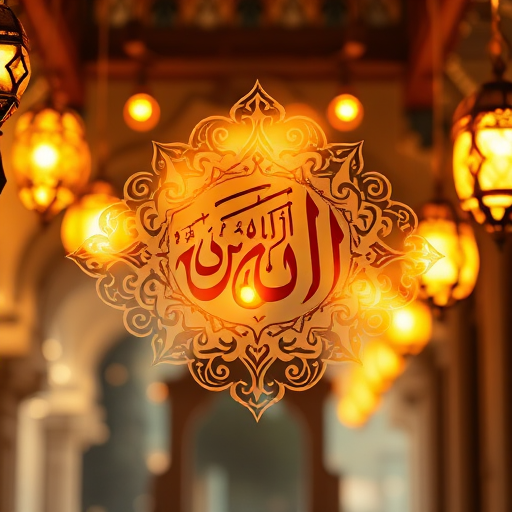 Create an intricate design featuring the Arabic calligraphy of "Allah" in a radiant, golden background with softly glowing lights and hanging lanterns, shot with a DSLR camera at f/2.8, ISO 100, and a 50mm lens, using soft focus for a dreamy effect and enhanced brightness.