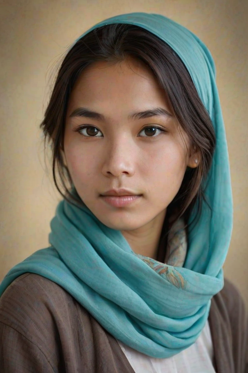 Create a portrait of a young Lao male with long, dark hair and captivating hazel eyes. She is wearing a cyan headscarf and a matching scarf draped gracefully around her neck. The background is softly blurred, focusing attention on her serene and natural expression. The overall color palette is muted and warm, enhancing the intimate and authentic feel of the portrait.