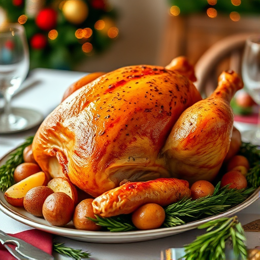 A beautifully roasted turkey on a festive table with roasted potatoes and herbs, captured in natural light with a shallow depth of field, using a DSLR camera with an aperture of f/2.8, ISO 200, and a focal length of 50mm, reflecting a warm and cozy holiday atmosphere.