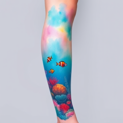 Ethereal watercolor tattoo covering the entire leg featuring a dreamy underwater scene with vibrant coral reefs and tropical fish in soft pastel hues