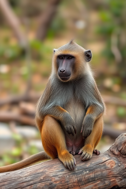 Regenerate the image of a baboon sitting on a log in a natural setting, shot with a DSLR camera at f/4 aperture, 1/500 shutter speed, ISO 200, using a 50mm lens, with a shallow depth of field and soft background blur to enhance detail and clarity.