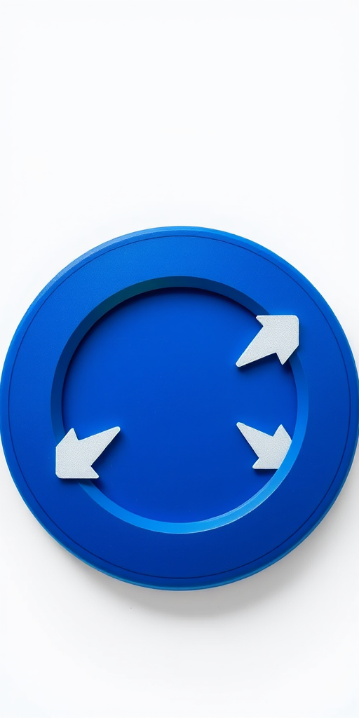 Create a high-resolution image of a blue circular object with three white arrows pointing outward, using a Canon EOS R5 with a 50mm lens, aperture set to f/2.8, ISO 100, in a studio setting with softbox lighting from above, ensuring a clean white background to enhance contrast and detail.