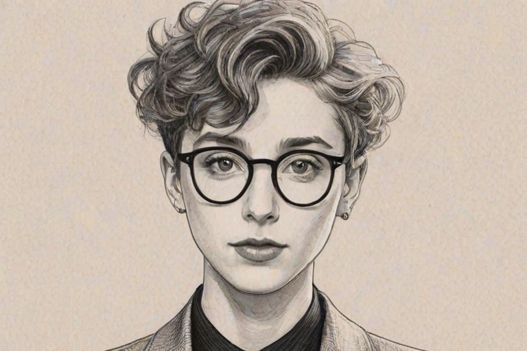 Radiant Troye Sivan, pencil sketch, portrait of Bewitching woman 1926s in glasses, hair style beatnik, outline, clear lines, fine lines, 8k