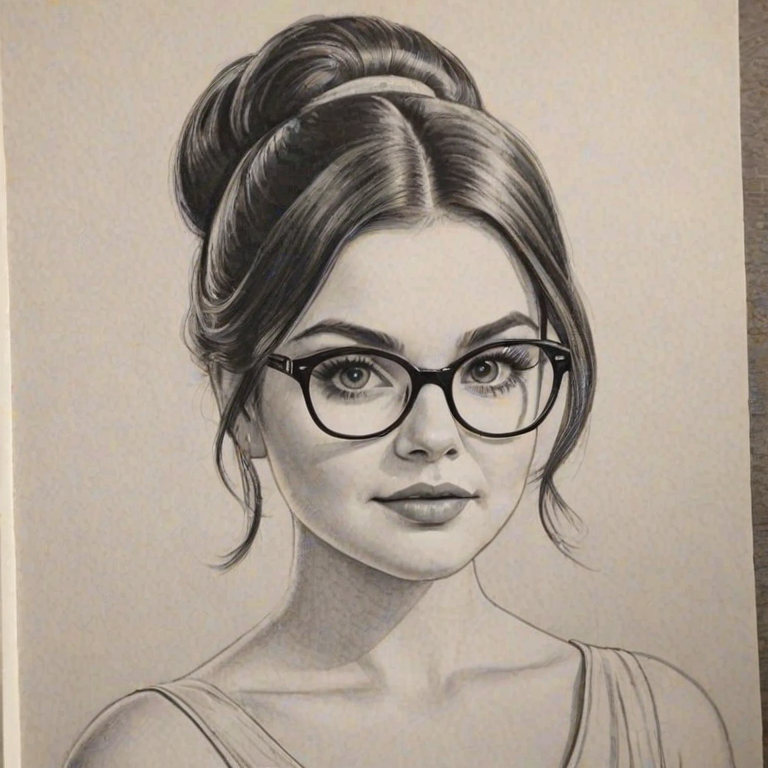 Delightful Ariel Winter, pencil sketch, portrait of Dazzling woman 1956s in glasses, hair style beatnik, outline, clear lines, fine lines, 8k