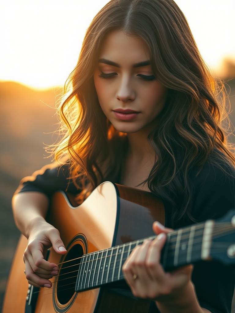 portrait of a woman playing an acoustic guitar in soft natural light, golden hour, shallow depth of field, f/2.8, 85mm lens, DSLR, soft focus background, warm color palette, detailed textures, high resolution