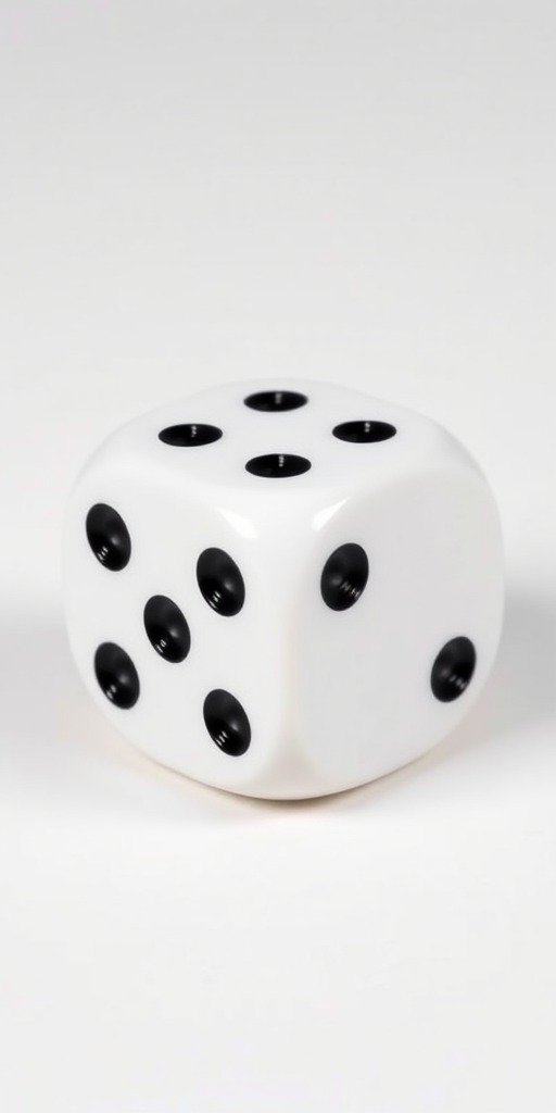 Generate a realistic image of a white die with six black dots on each side, using a DSLR camera with a 50mm lens, aperture f/1.8, ISO 100, at a 45-degree angle, softbox lighting for balanced illumination.