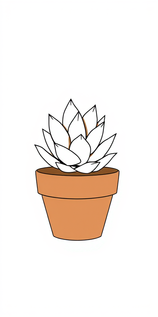create a minimalist illustration of a succulent in a simple brown pot with sharp lines and a white outline, using a digital drawing style, with a high-resolution output, captured in a flat lay view with a soft focus background, simulated with a full-frame DSLR camera at f/2.8 aperture, ISO 100, and 50mm lens