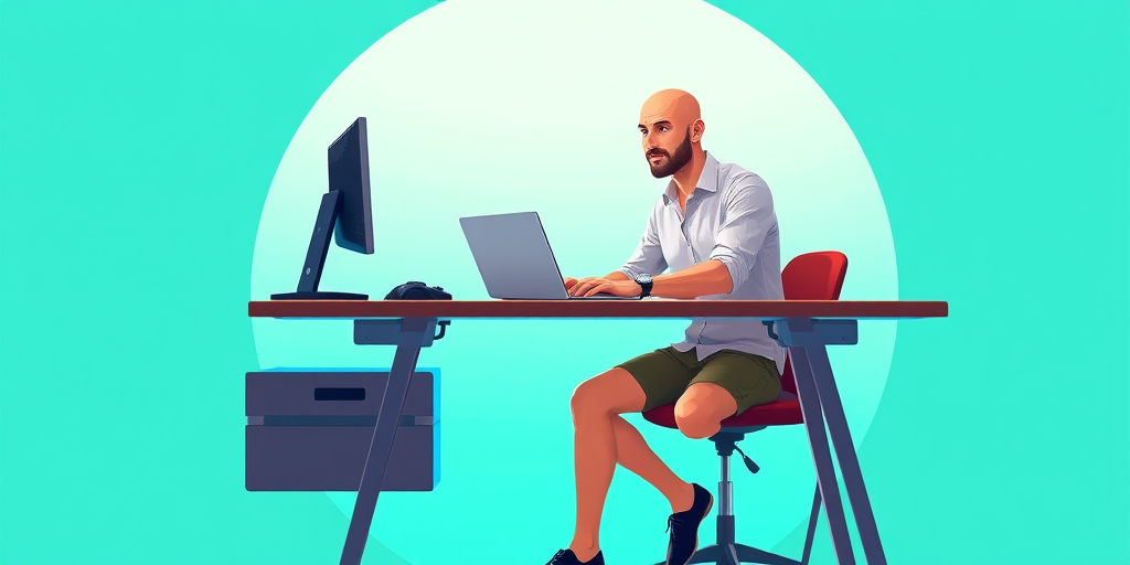 Create an illustration of a bald man sitting at a modern desk with a laptop, wearing a button-up shirt and shorts, in front of a circular turquoise background, shot with a DSLR camera at f/4 aperture, 50mm lens, soft lighting, and a slight overhead angle to enhance details and vibrant colors.