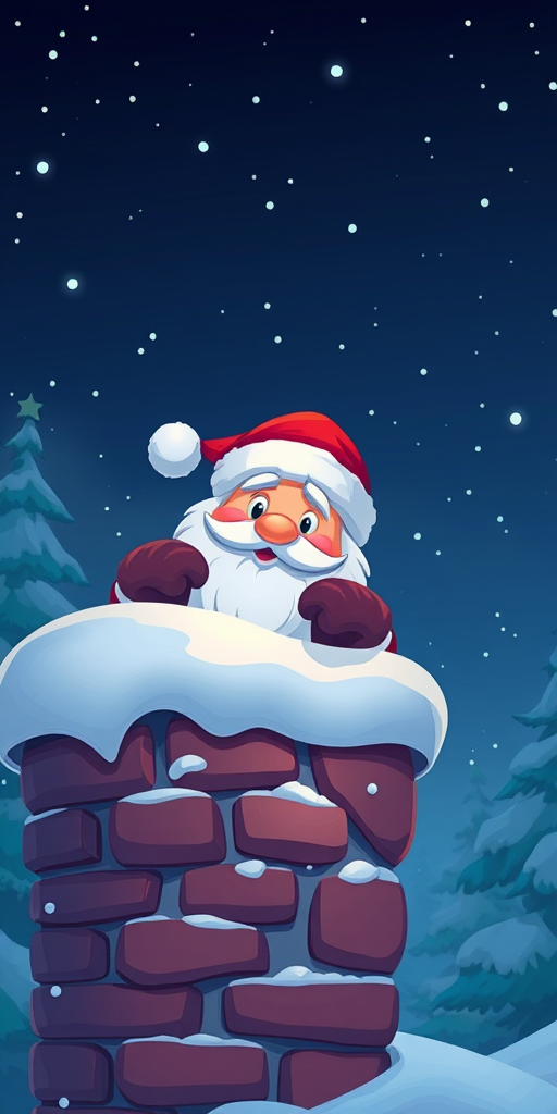 Create a vibrant cartoon illustration of Santa Claus peeking over a snow-covered chimney at night, with twinkling stars in the sky, using a digital camera setting of ISO 100, aperture f/5.6, shutter speed 1/60s, capturing a close-up view in a whimsical style to enhance color saturation and clarity.