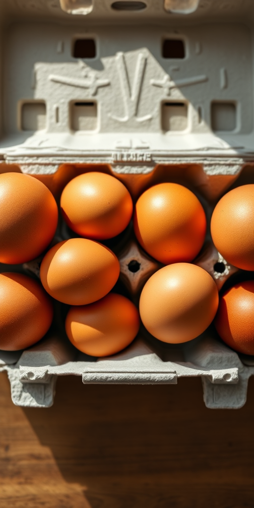 A well-lit top-down view of a cardboard egg carton containing ten brown eggs, shot with a 50mm lens at f/2.8 aperture, ISO 100, with natural lighting to enhance colors and textures.