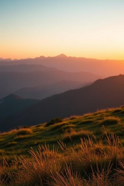 Photograph of a serene landscape with mountains in the background during golden hour, captured with a Canon EOS 5D Mark IV, 50mm lens, aperture f/8, ISO 200, with soft focus and natural lighting.