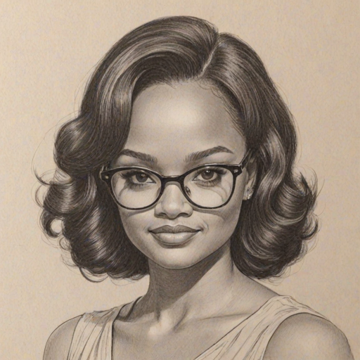Appealing Kyla Pratt, pencil sketch, portrait of Graceful woman 1962s in glasses, hair style beatnik, outline, clear lines, fine lines, 8k