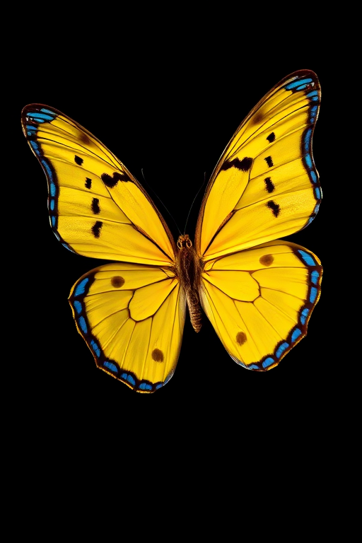 Generate an image of a vibrant yellow butterfly with distinctive blue edges and black dots on its wings, set against a dark background. The butterfly should be depicted in a natural pose, showcasing its intricate wing patterns and colors.