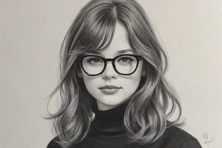 Gorgeous Cailee Spaeny, pencil sketch, portrait of Delightful woman 1966s in glasses, hair style beatnik, outline, clear lines, fine lines, 8k