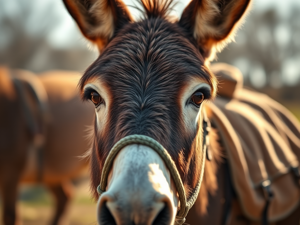 a close-up of a donkey with a rustic pack, warm sunlight highlighting the fur, shallow depth of field, ISO 200, f/2.8, 1/200s, 50mm lens, portrait mode, DSLR camera, natural light