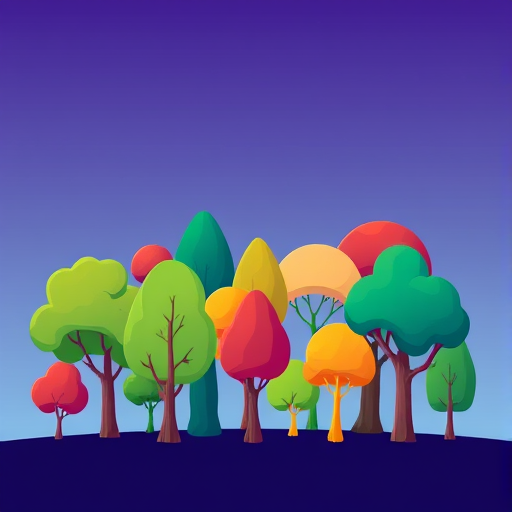 Create a vibrant illustration of a variety of trees with distinct shapes and sizes, using a colorful and smooth design style, set against a gradient background; camera settings: ISO 100, f/8, shutter speed 1/125 sec; camera view: wide-angle; camera style: digital illustration; camera type: conceptual art.