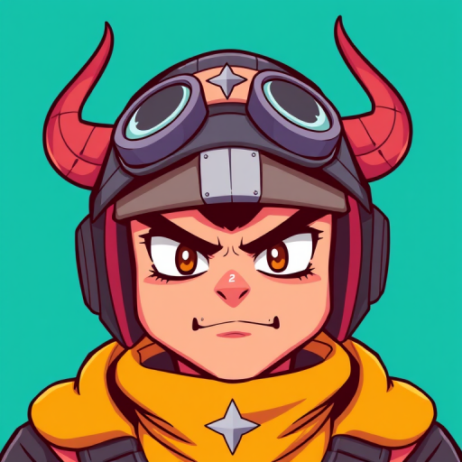 Generate a high-resolution illustration of a stylized character with a strong expression, wearing a helmet and goggles, featuring sharp horns and a star emblem, against a vibrant teal background, using a DSLR camera with a 50mm lens, f/1.8 aperture, ISO 200, soft diffused lighting, and a slight vignette effect.
