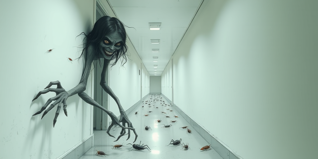 a crooked female with long arms and a creepy smile is crawling along a long white corridor and you can also see cockroaches in it there is a creepy atmosphere creepy art style