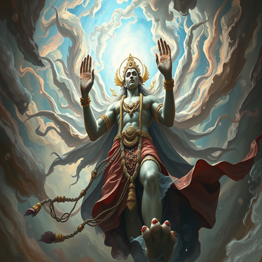 digital painting of a powerful deity in an ethereal environment with swirling colors and cosmic elements, captured with a Canon EOS R5, 35mm lens, f/1.8 aperture, ISO 100, in a dramatic low-angle view to enhance the subject's grandeur and depth.